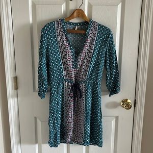 Red Camel Blue Lace Up V-Neck Dress With Red Patterns & Drawstring Size Medium